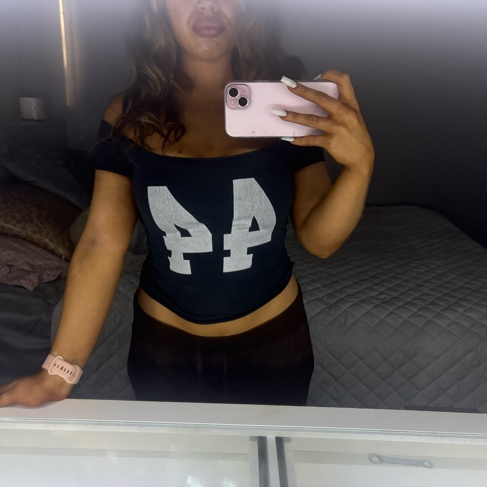 Brandy Melville Black Off-Shoulder Baby Tee with 44 White Print